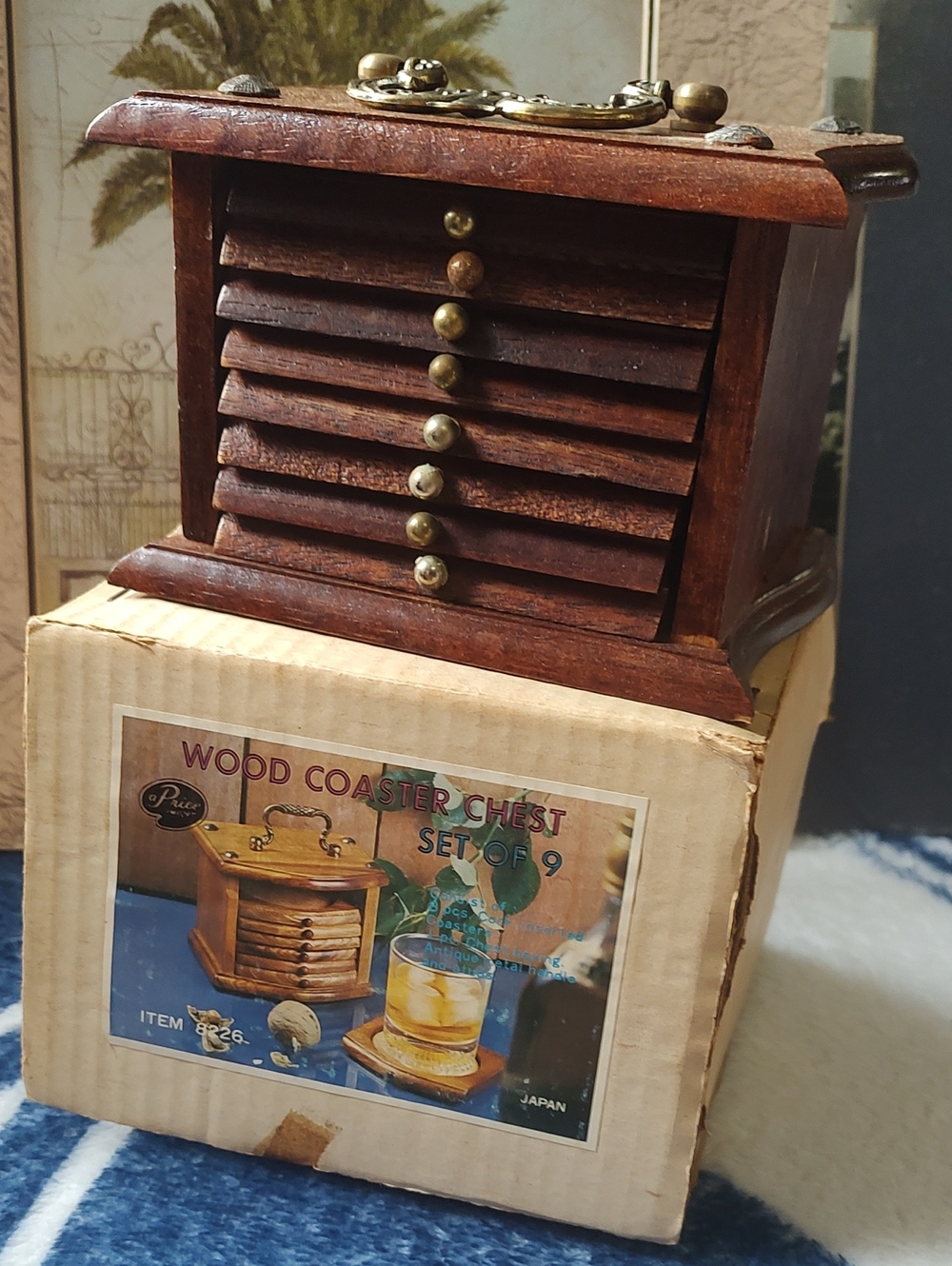 Wood Coaster Chest Set of 9 -vintahe Dark Brown Wooden Box - Picture 2 of 13